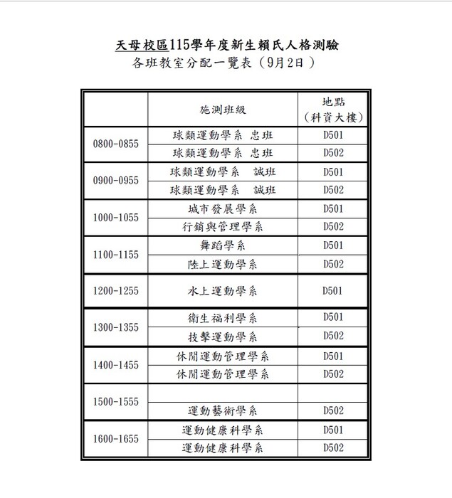【學輔中心公告】115學年度新生賴氏人格測驗暨心衛講座課程配當表圖片